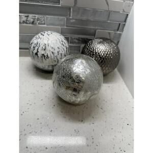 Pier 1 Iridescent Ceramic Decorative Sphere Ball Orb Silver White Bronze Set 3